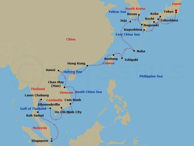 28 Night - Silk Roads to Samurai - Oceania Nautica - Starting in Singapore, Ko Samui, Bangkok (Laem Chabang), Sihanoukville, Saigon (Ho Chi Minh City), Cam Ranh, Hue (Chan May), Hanoi (Ha Long Bay), Hong Kong, Taipei (Keelung), Ishigaki, Okinawa (Naha), Jeju, Busan, Nagasaki, Kagoshima, Kochi, Tokushima, Kyoto (Kobe), Tokyo itinerary map