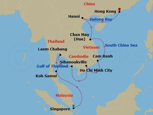 14 Night - Golden Peninsulas - Oceania Nautica - Starting in Singapore, Ko Samui, Bangkok (Laem Chabang), Sihanoukville, Saigon (Ho Chi Minh City), Cam Ranh, Hue (Chan May), Hanoi (Ha Long Bay), Hong Kong itinerary map