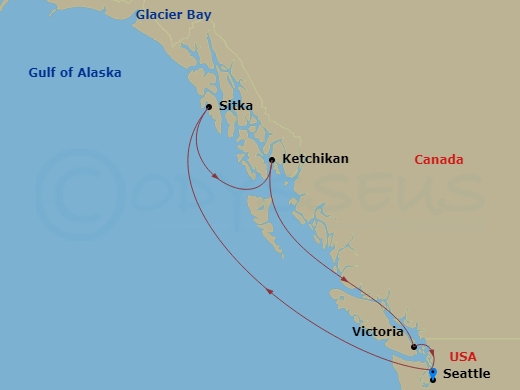 8 Night - Alaska Roundtrip from Seattle - Queen Elizabeth - Starting in Seattle, WA, Sitka, AK, Glacier Bay, AK, (Scenic Cruising), Icy Strait Point, AK, Ketchikan, AK, Victoria CA, Canada, Seattle, WA itinerary map