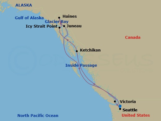 9 Night - Alaska Roundtrip from Seattle - Queen Elizabeth - Starting in Seattle, WA, Ketchikan, AK, Icy Strait Point, AK, Haines, AK, Juneau, AK, Glacier Bay, AK, (Scenic Cruising), Victoria CA, Canada, Seattle, WA itinerary map