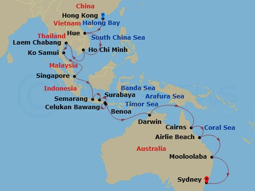34 Night - Asia & Australia Combination Cruise : Hong Kong, Singapore & Sydney - Azamara Pursuit - Starting in Hong Kong, Ha Long Bay, Hue (Da Nang), Ho Chi Minh City, Bangkok (Laem Chabang), Koh Samui, Singapore, Semarang, Surabaya, Celukan, Bawang, Bali, Benoa, Bali, Darwin, Cairns, Airlie Beach, Queensland, Mooloolaba, Queensland, Sydney AU (White Bay), Australia itinerary map