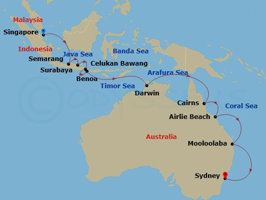 20 Night - Indonesia & Australia Cruise : Singapore, Bali & Cairns - Azamara Pursuit - Starting in Singapore, Semarang, Surabaya, Celukan, Bawang, Bali, Benoa, Bali, Darwin, Cairns, Airlie Beach, Queensland, Mooloolaba, Queensland, Sydney AU (White Bay), Australia itinerary map