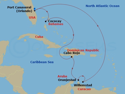 8 Night - Southern Caribbean & Perfect Day - Adventure of the Seas - Starting in Orlando (Port Canaveral), Fl, Perfect Day Cococay, Bahamas, Cabo Rojo, Dominican Republic, Oranjestad, Aruba, Willemstad AN, Curacao, Orlando (Port Canaveral), Fl itinerary map