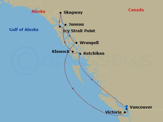 10 Night - Alaska Cruise : Ketchikan & Juneau + Post Vancouver & Vista Tour - Azamara Pursuit - Starting in Vancouver, British Columbia, Cruising Inside Passage, Ketchikan, Alaska, Klawock, Alaska, Juneau, Alaska, Skagway, Icy Strait Point, Alaska, Wrangell, Cruising Inside Passage, Victoria CA, Canada, Vancouver, British Columbia itinerary map