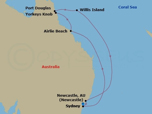 11 Night - Great Barrier Reef Cruise - Celebrity Edge - Starting in Sydney AU, Airlie Beach, Australia, Cairns (Yorkeys Knob), Australia, Port Douglas, Australia, Willis Island (Cruising), Newcastle AU, Sydney AU itinerary map