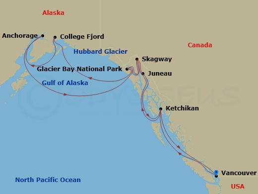 14 Night - Voyage of the Glaciers Grand Adventure - Coral Princess - Starting in Vancouver, Canada, Ketchikan, Alaska, Juneau, Alaska, Skagway, Alaska, Hubbard Glacier (Scenic Cruising), Alaska, College Fjord (Scenic Cruising), Alaska, Anchorage (Whittier), Alaska, Hubbard Glacier (Scenic Cruising), Alaska, Glacier Bay National Park (Scenic Cruising), Alaska, Skagway, Alaska, Juneau, Alaska, Ketchikan, Alaska, Vancouver, Canada itinerary map