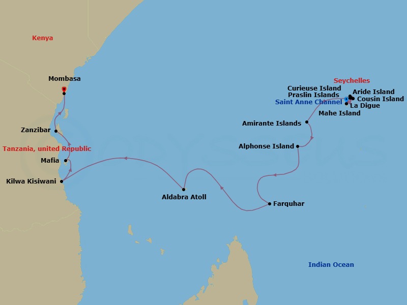 19 Night - Discover Seychelles, Tanzania and Kenya - Emerald Kaia - Starting in Mahe Island / Sainte Anne Channel, Sainte Anne Channel / Cousin Island, Praslin Island, La Digue Island, Curieuse Island, Aride Island, Mahe Island, La Digue Island / Praslin Island, Seychelles, Amirante Islands, Seychelles, Alphonse Atoll, Seychelles, Farquhar Atoll, Seychelles, Aldabra Atoll, Seychelles, Aldabra Atoll, Seychelles / At Sea, Kilwa Kisiwani, Tanzania, Mafia Island, Tanzania, Zanzibar, Tanzania, Mombasa, Kenya itinerary map