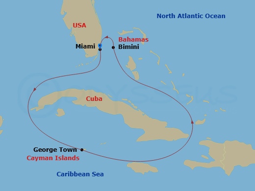 5 Night - Grand Cayman & Bimini Beach Club - Resilient Lady - Starting in Miami, Florida, George Town, Cayman Islands, The Beach Club at Bimini, Bahamas, Miami, Florida itinerary map