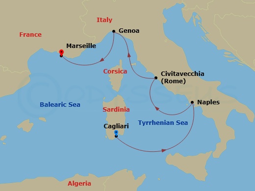 4 Night - Mediterranean from Cagliari to Marseille - Costa Toscana - Starting in Cagliari, Italy, Naples, Italy, Capri bay, Civitavecchia / Rome, Genoa / Portofino, Calanques national park bay, Marseilles, France itinerary map