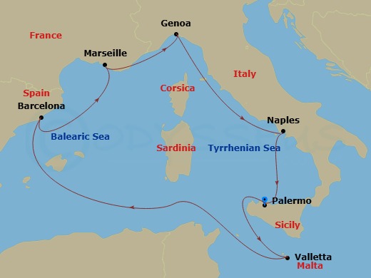 7 Night - Mediterranean - MSC Seashore - Starting in Palermo (Monreale), Italy, La Valletta, Malta, Barcelona, Spain, Marseille (Provence), France, Genoa (Portofino), Italy, Naples (Pompeii), Italy, Palermo (Monreale), Italy itinerary map