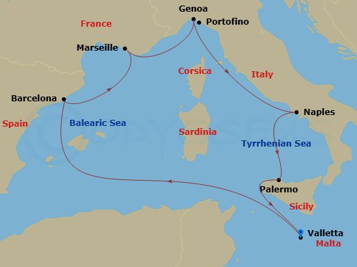 7 Night - Mediterranean - MSC Seashore - Starting in La Valletta, Malta, Barcelona, Spain, Marseille (Provence), France, Genoa (Portofino), Italy, Naples (Pompeii), Italy, Palermo (Monreale), Italy, La Valletta, Malta itinerary map