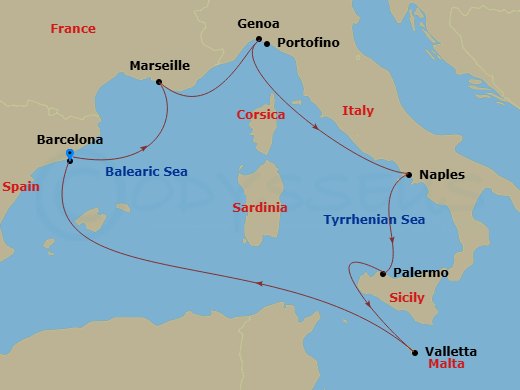 7 Night - Mediterranean - MSC Seashore - Starting in Barcelona, Spain, Marseille (Provence), France, Genoa (Portofino), Italy, Naples (Pompeii), Italy, Palermo (Monreale), Italy, La Valletta, Malta, Barcelona, Spain itinerary map