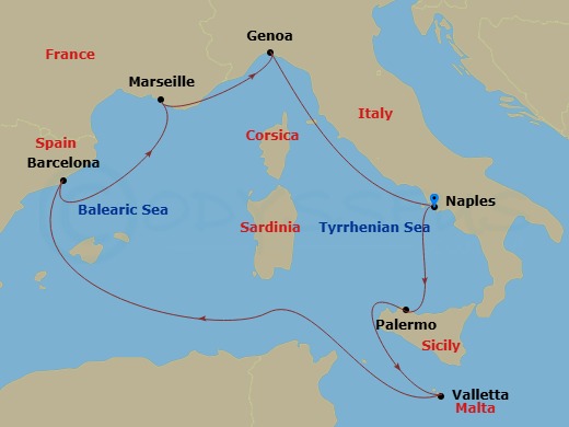 7 Night - Mediterranean - MSC Seashore - Starting in Naples (Pompeii), Italy, Palermo (Monreale), Italy, La Valletta, Malta, Barcelona, Spain, Marseille (Provence), France, Genoa (Portofino), Italy, Naples (Pompeii), Italy itinerary map