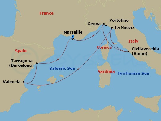 7 Night - Mediterranean - MSC Magnifica - Starting in Marseille (Provence), France, Tarragona, Spain, Valencia, Spain, La Spezia (Cinque Terre), Italy, Civitavecchia (Rome), Italy, Genoa (Portofino), Italy, Marseille (Provence), France itinerary map