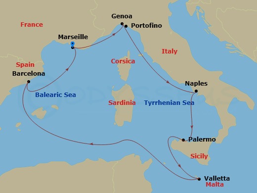7 Night - Mediterranean - MSC Seashore - Starting in Marseille (Provence), France, Genoa (Portofino), Italy, Naples (Pompeii), Italy, Palermo (Monreale), Italy, La Valletta, Malta, Barcelona, Spain, Marseille (Provence), France itinerary map