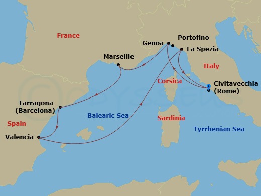 7 Night - Mediterranean - MSC Magnifica - Starting in Civitavecchia (Rome), Italy, Genoa (Portofino), Italy, Marseille (Provence), France, Tarragona, Spain, Valencia, Spain, La Spezia (Cinque Terre), Italy, Civitavecchia (Rome), Italy itinerary map