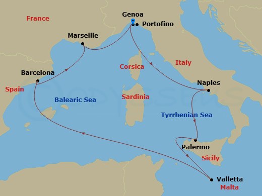 7 Night - Mediterranean - MSC Seashore - Starting in Genoa (Portofino), Italy, Naples (Pompeii), Italy, Palermo (Monreale), Italy, La Valletta, Malta, Barcelona, Spain, Marseille (Provence), France, Genoa (Portofino), Italy itinerary map