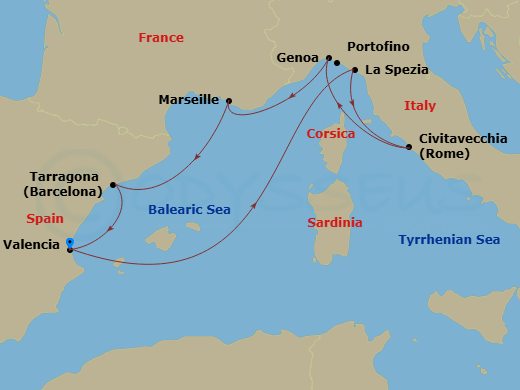 7 Night - Mediterranean - MSC Magnifica - Starting in Valencia, Spain, La Spezia (Cinque Terre), Italy, Civitavecchia (Rome), Italy, Genoa (Portofino), Italy, Marseille (Provence), France, Tarragona, Spain, Valencia, Spain itinerary map