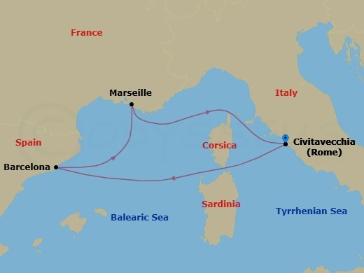 4 Night - Mediterranean - MSC Divina - Starting in Civitavecchia (Rome), Italy, Barcelona, Spain, Marseille (Provence), France, Civitavecchia (Rome), Italy itinerary map