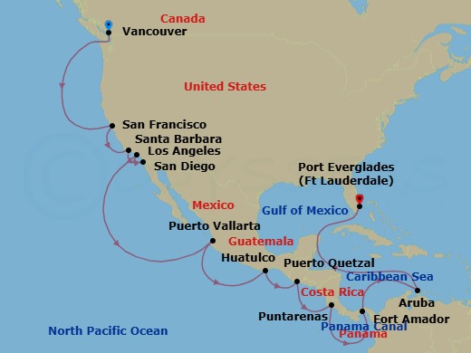 23 Night - Panama Canal & Pacific Coast - Island Princess - Starting in Vancouver, Canada, San Francisco, California, Santa Barbara, California, San Diego, California, Los Angeles, California, Puerto Vallarta, Mexico, Huatulco, Mexico, Puerto Quetzal, Guatemala, Puntarenas, Costa Rica, Fuerte Amador, Panama (for Panama City), Panama Canal Full Transit Historic Locks, Aruba, Fort Lauderdale, Florida itinerary map