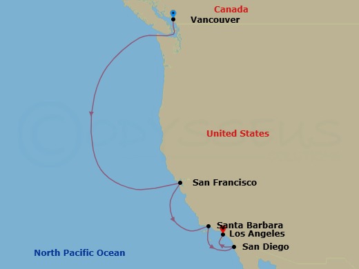 7 Night - Pacific Wine Country - Island Princess - Starting in Vancouver, Canada, San Francisco, California, Santa Barbara, California, San Diego, California, Los Angeles, California itinerary map