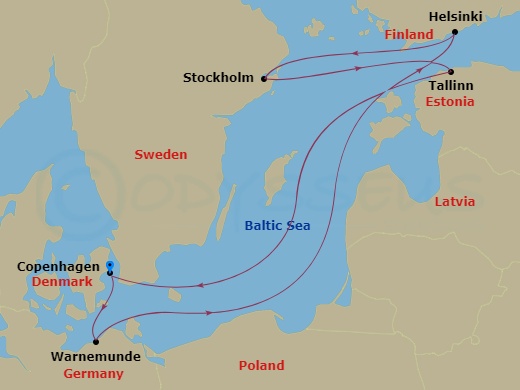 7 Night - Northern Europe - MSC Splendida - Starting in Copenhagen, Denmark, Warnemunde (Berlin), Germany, Helsinki, Finland, Stockholm, Sweden, Tallinn, Estonia, Copenhagen, Denmark itinerary map