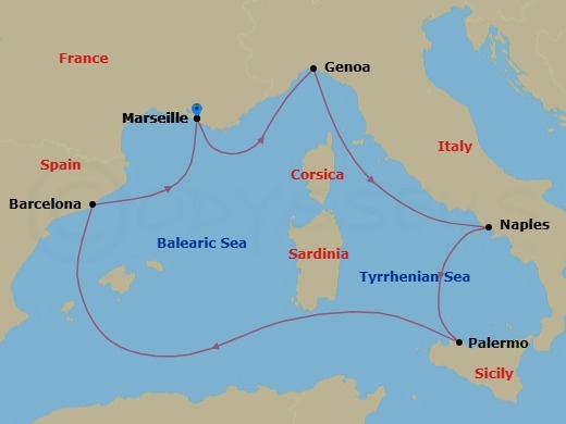 6 Night - Mediterranean - MSC Seashore - Starting in Marseille (Provence), France, Genoa (Portofino), Italy, Naples (Pompeii), Italy, Palermo (Monreale), Italy, Barcelona, Spain, Marseille (Provence), France itinerary map