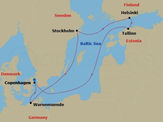 7 Night - Northern Europe - MSC Splendida - Starting in Copenhagen, Denmark, Warnemunde (Berlin), Germany, Stockholm, Sweden, Helsinki, Finland, Tallinn, Estonia, Copenhagen, Denmark itinerary map