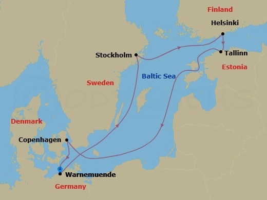 7 Night - Northern Europe - MSC Splendida - Starting in Warnemunde (Berlin), Germany, Stockholm, Sweden, Helsinki, Finland, Tallinn, Estonia, Copenhagen, Denmark, Warnemunde (Berlin), Germany itinerary map