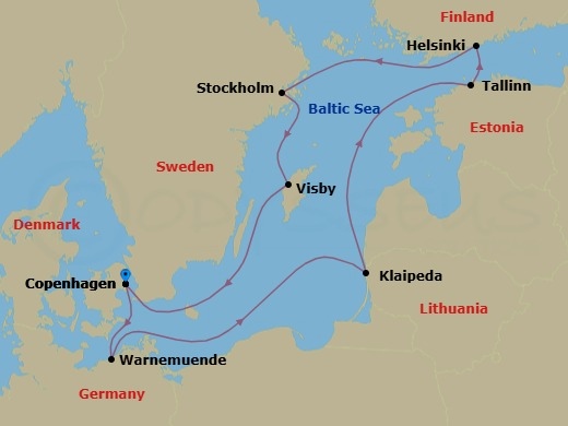 10 Night - Northern Europe - MSC Splendida - Starting in Copenhagen, Denmark, Warnemunde (Berlin), Germany, Klaipeda, Lithuania, Tallinn, Estonia, Helsinki, Finland, Stockholm, Sweden, Visby, Sweden, Copenhagen, Denmark itinerary map