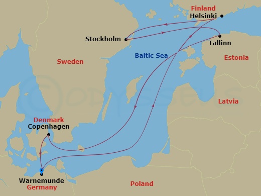 7 Night - Northern Europe - MSC Splendida - Starting in Warnemunde (Berlin), Germany, Helsinki, Finland, Stockholm, Sweden, Tallinn, Estonia, Copenhagen, Denmark, Warnemunde (Berlin), Germany itinerary map