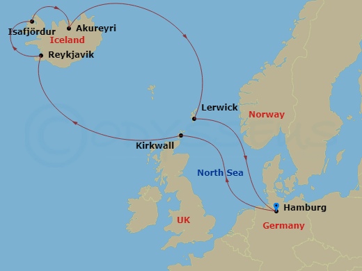 11 Night - Northern Europe - MSC Preziosa - Starting in Hamburg, Germany, Kirkwall (Orkney Islands), United Kingdom, Reykjavik, Iceland, Isafjordur, Iceland, Akureyri, Iceland, Lerwick (Shetland Islands), United Kingdom, Hamburg, Germany itinerary map
