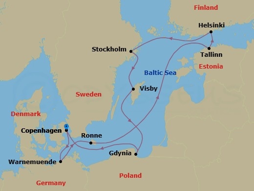 11 Night - Northern Europe - MSC Splendida - Starting in Copenhagen, Denmark, Warnemunde (Berlin), Germany, Ronne, Denmark, Tallinn, Estonia, Helsinki, Finland, Stockholm, Sweden, Visby, Sweden, Gdynia (Gdansk), Poland, Copenhagen, Denmark itinerary map