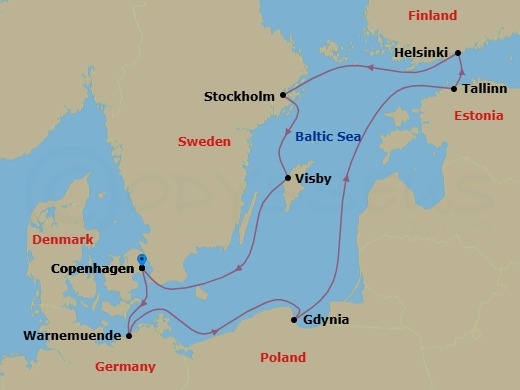 10 Night - Northern Europe - MSC Splendida - Starting in Copenhagen, Denmark, Warnemunde (Berlin), Germany, Gdynia (Gdansk), Poland, Tallinn, Estonia, Helsinki, Finland, Stockholm, Sweden, Visby, Sweden, Copenhagen, Denmark itinerary map
