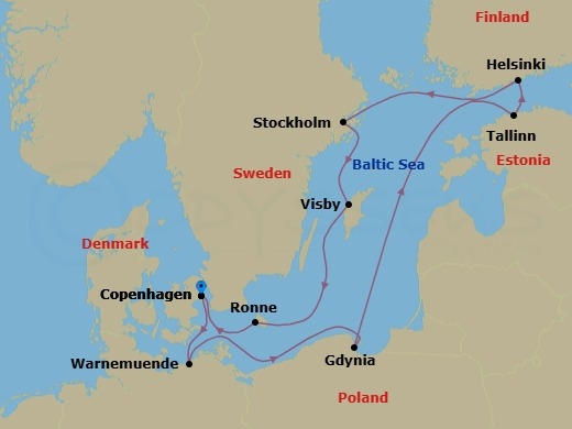 11 Night - Northern Europe - MSC Splendida - Starting in Copenhagen, Denmark, Warnemunde (Berlin), Germany, Gdynia (Gdansk), Poland, Tallinn, Estonia, Helsinki, Finland, Stockholm, Sweden, Visby, Sweden, Ronne, Denmark, Copenhagen, Denmark itinerary map