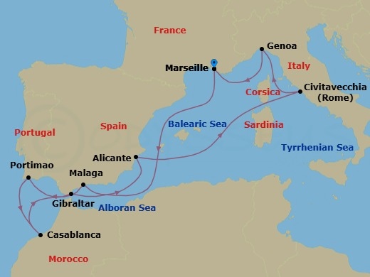 10 Night - Mediterranean - MSC Sinfonia - Starting in Marseille (Provence), France, Malaga (Granada), Spain, Portimao, Portugal, Casablanca (Marrakesh), Morocco, Gibraltar, Alicante, Spain, Civitavecchia (Rome), Italy, Genoa (Portofino), Italy, Marseille (Provence), France itinerary map