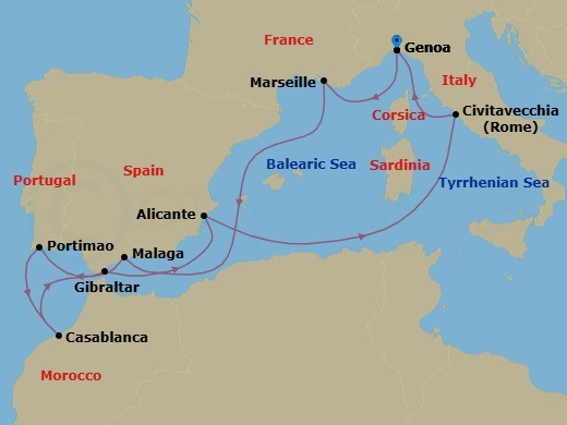 10 Night - Mediterranean - MSC Sinfonia - Starting in Genoa (Portofino), Italy, Marseille (Provence), France, Malaga (Granada), Spain, Portimao, Portugal, Casablanca (Marrakesh), Morocco, Gibraltar, Alicante, Spain, Civitavecchia (Rome), Italy, Genoa (Portofino), Italy itinerary map