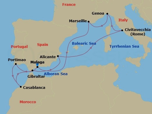 10 Night - Mediterranean - MSC Sinfonia - Starting in Malaga (Granada), Spain, Portimao, Portugal, Casablanca (Marrakesh), Morocco, Gibraltar, Alicante, Spain, Civitavecchia (Rome), Italy, Genoa (Portofino), Italy, Marseille (Provence), France, Malaga (Granada), Spain itinerary map