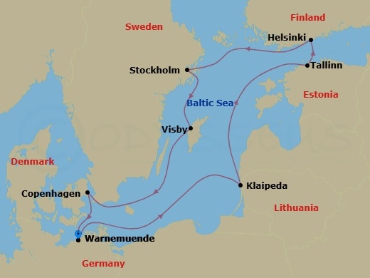 10 Night - Northern Europe - MSC Splendida - Starting in Warnemunde (Berlin), Germany, Klaipeda, Lithuania, Tallinn, Estonia, Helsinki, Finland, Stockholm, Sweden, Visby, Sweden, Copenhagen, Denmark, Warnemunde (Berlin), Germany itinerary map