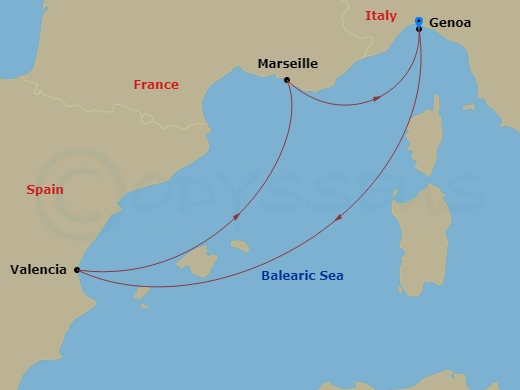 4 Night - Mediterranean - MSC Musica - Starting in Genoa (Portofino), Italy, Valencia, Spain, Marseille (Provence), France, Genoa (Portofino), Italy itinerary map