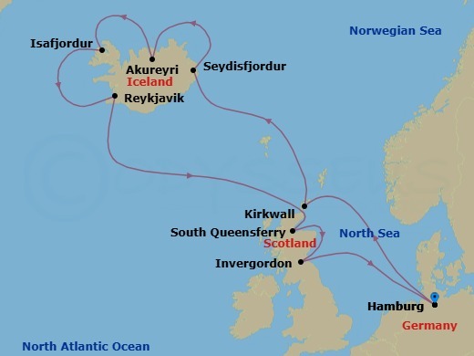 12 Night - Northern Europe - MSC Preziosa - Starting in Hamburg, Germany, Kirkwall (Orkney Islands), United Kingdom, Seydisfjordur, Iceland, Akureyri, Iceland, Isafjordur, Iceland, Reykjavik, Iceland, Invergordon, United Kingdom, South Queensferry (Edinburgh), United Kingdom, Hamburg, Germany itinerary map