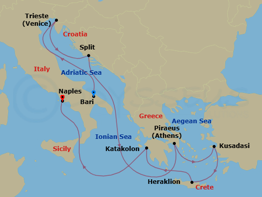 9 Night - Mediterranean - MSC Seaview - Starting in Bari, Italy, Trieste (Venice), Italy, Split, Croatia, Piraeus (Athens), Greece, Kusadasi, Turkey, Heraklion (Crete), Greece, Katakolon (Olympia), Greece, Naples (Pompeii), Italy itinerary map