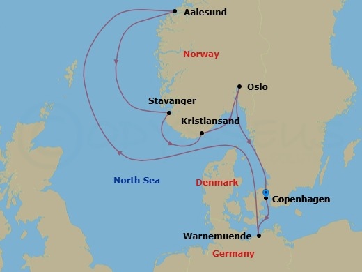 7 Night - Northern Europe - MSC Splendida - Starting in Copenhagen, Denmark, Warnemunde (Berlin), Germany, Alesund, Norway, Stavanger (Lysefijord), Norway, Kristiansand, Norway, Oslo, Norway, Copenhagen, Denmark itinerary map