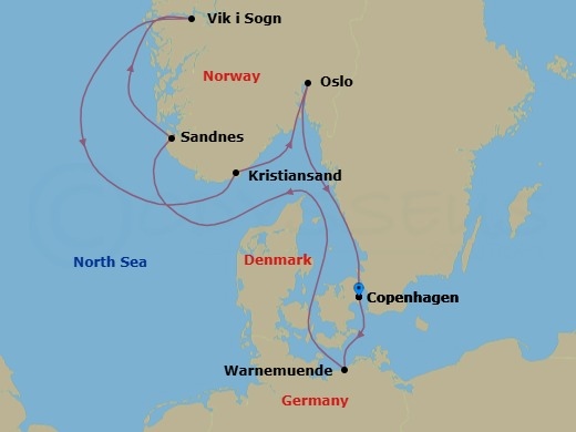 7 Night - Northern Europe - MSC Splendida - Starting in Copenhagen, Denmark, Warnemunde (Berlin), Germany, Sandnes, Norway, Vik I Sogn, Norway, Kristiansand, Norway, Oslo, Norway, Copenhagen, Denmark itinerary map