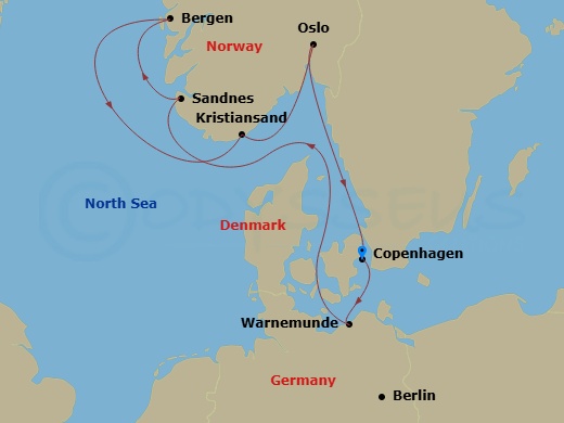 7 Night - Northern Europe - MSC Splendida - Starting in Copenhagen, Denmark, Warnemunde (Berlin), Germany, Sandnes, Norway, Bergen, Norway, Kristiansand, Norway, Oslo, Norway, Copenhagen, Denmark itinerary map