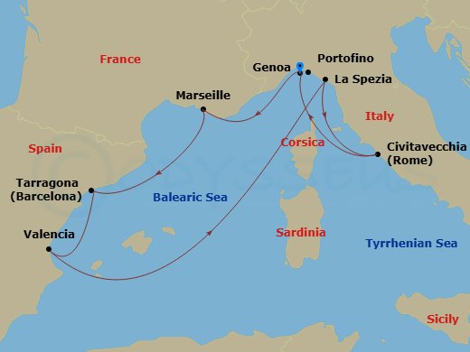 7 Night - Mediterranean - MSC Magnifica - Starting in Genoa (Portofino), Italy, Marseille (Provence), France, Tarragona, Spain, Valencia, Spain, La Spezia (Cinque Terre), Italy, Civitavecchia (Rome), Italy, Genoa (Portofino), Italy itinerary map
