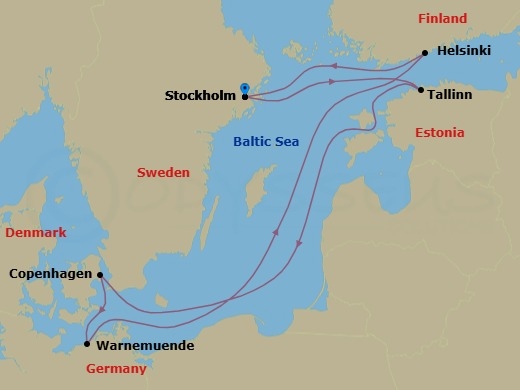7 Night - Northern Europe - MSC Splendida - Starting in Stockholm, Sweden, Tallinn, Estonia, Copenhagen, Denmark, Warnemunde (Berlin), Germany, Helsinki, Finland, Stockholm, Sweden itinerary map