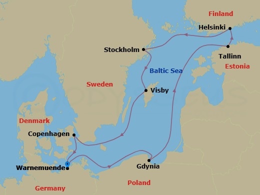10 Night - Northern Europe - MSC Splendida - Starting in Warnemunde (Berlin), Germany, Gdynia (Gdansk), Poland, Tallinn, Estonia, Helsinki, Finland, Stockholm, Sweden, Visby, Sweden, Copenhagen, Denmark, Warnemunde (Berlin), Germany itinerary map