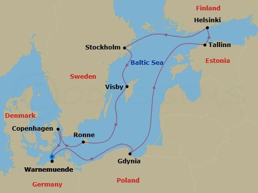 11 Night - Northern Europe - MSC Splendida - Starting in Warnemunde (Berlin), Germany, Gdynia (Gdansk), Poland, Tallinn, Estonia, Helsinki, Finland, Stockholm, Sweden, Visby, Sweden, Ronne, Denmark, Copenhagen, Denmark, Warnemunde (Berlin), Germany itinerary map