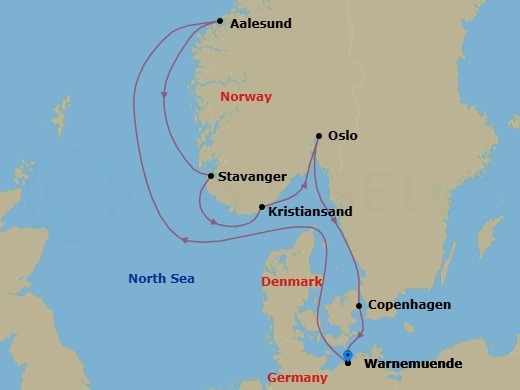 7 Night - Northern Europe - MSC Splendida - Starting in Warnemunde (Berlin), Germany, Alesund, Norway, Stavanger (Lysefijord), Norway, Kristiansand, Norway, Oslo, Norway, Copenhagen, Denmark, Warnemunde (Berlin), Germany itinerary map